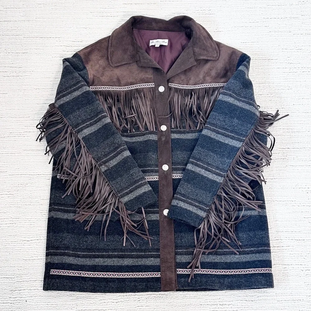 BLEU BLANC ROUGE Vintage Women L Brown/Blue Coat Fringe Suede Yellowstone Tribal